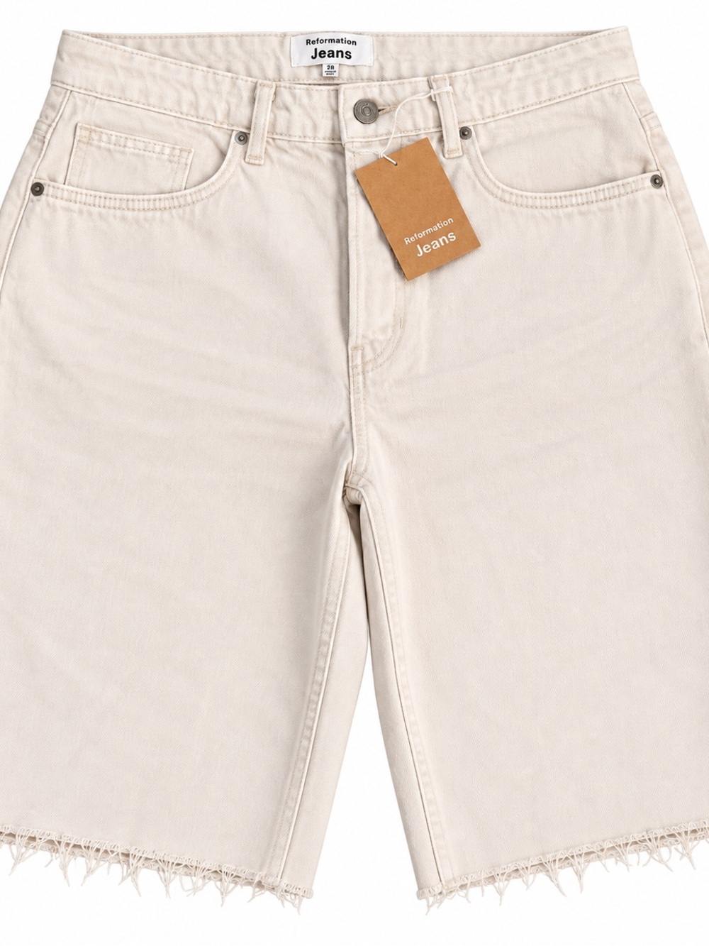 Reformation Cream Denim Longline Shorts with Frayed Hem